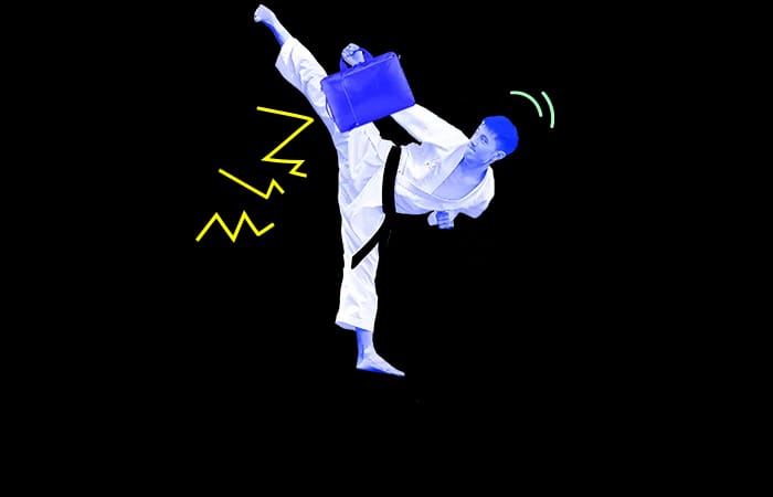 Collage: a karate fighter kicking with a briefcase in hand