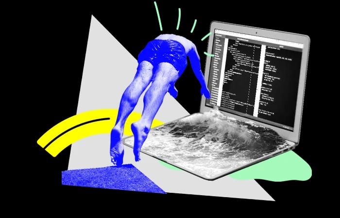 Collage: a swimmer diving head first into the screen of a laptop