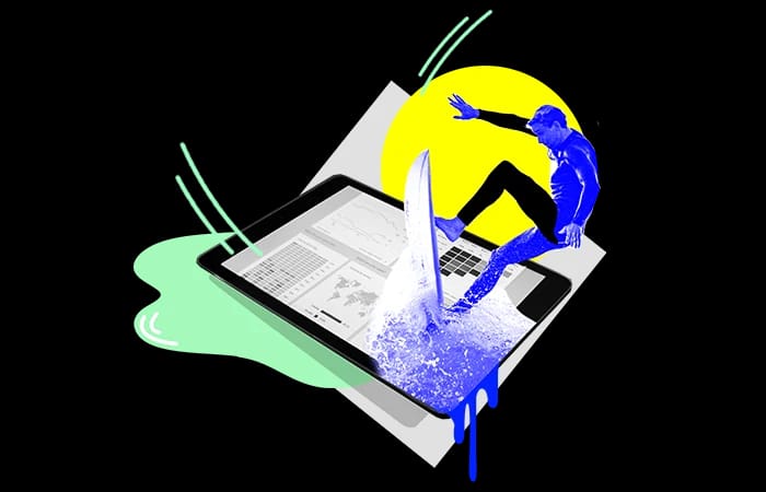 Collage: a surfer riding a wave out of a tablet